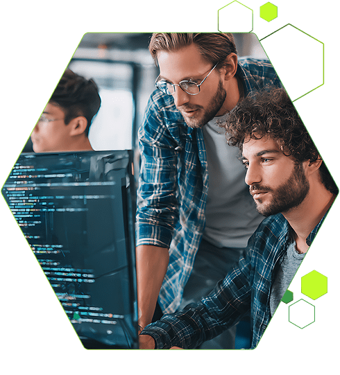 Colleagues working together on software